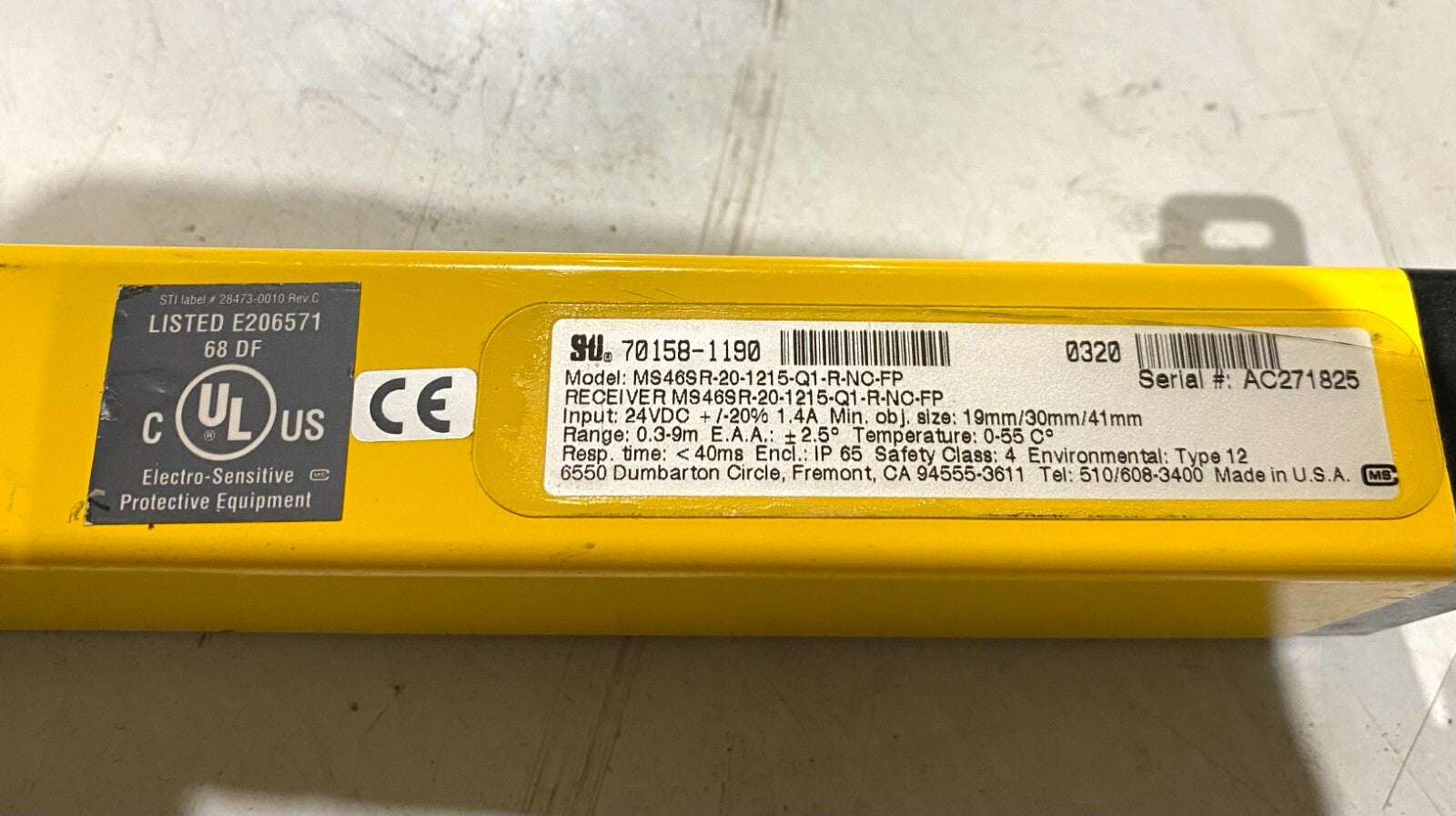 STI 70158-1190 Mini Safe 4600 Series MS46SR-20-1215-Q1-R-NC-FP Light Curtain - For parts or not working - Maverick Industrial Sales