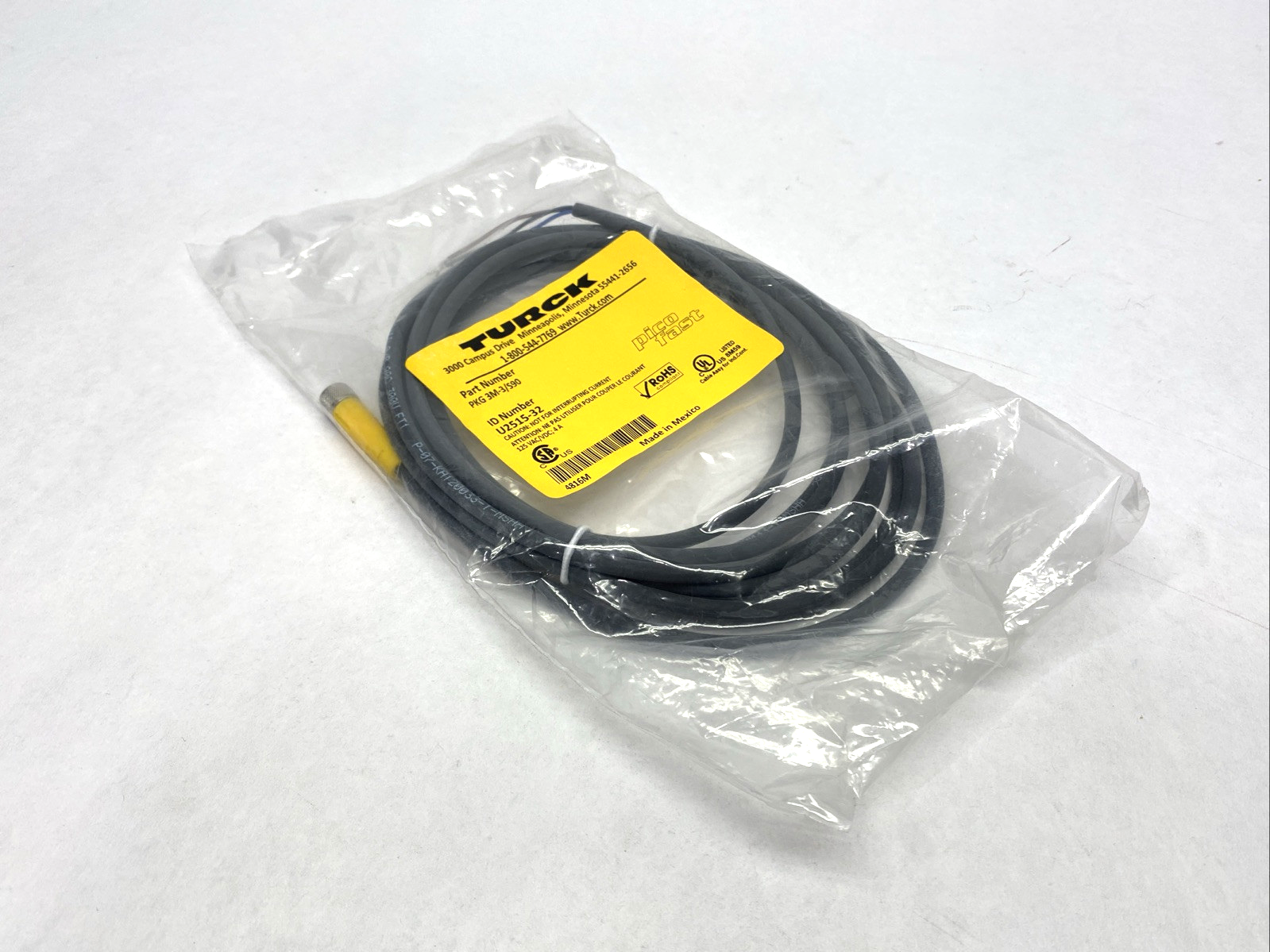 Turck PKG 3M-3/S90 Single-Ended M12 3-Pin Female Connector Cordset U2515-32 - New - Maverick Industrial Sales