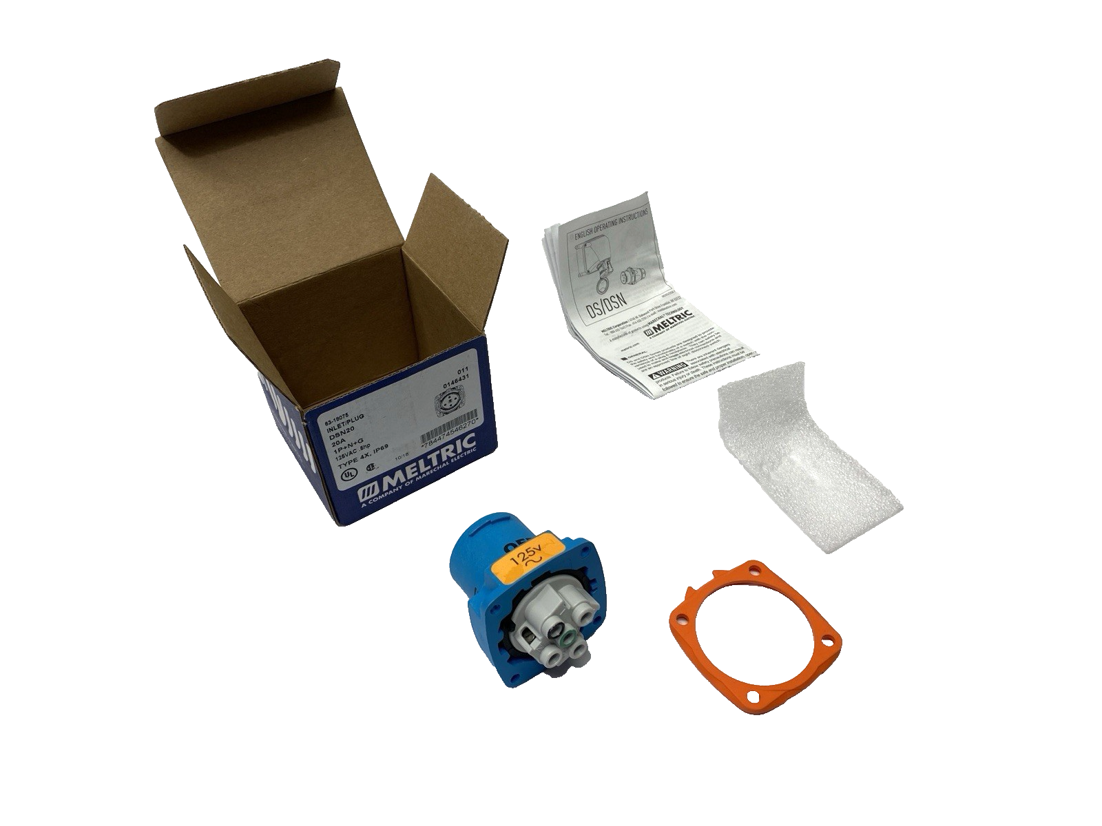 63-18075 | Meltric Male Inlet Plug DSN20 1P+N+G Type 4X & IP69 .75hp 125VAC 20A - New – Open box - Maverick Industrial Sales
