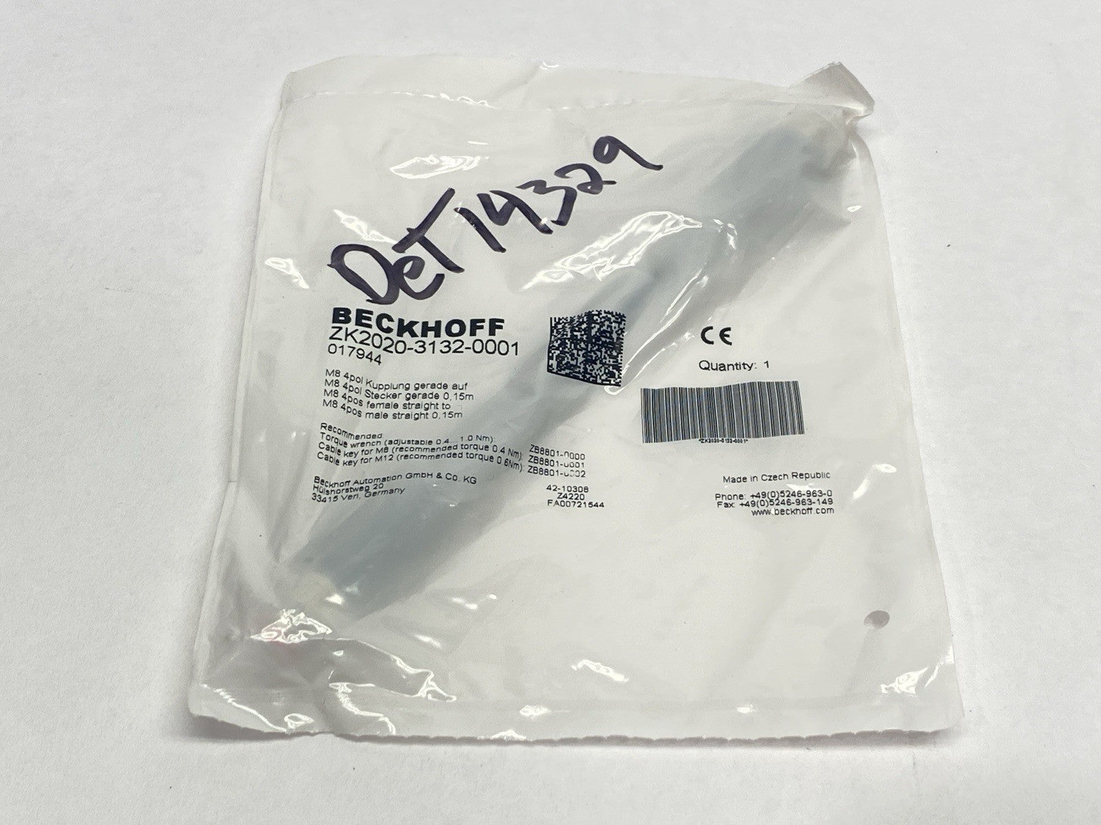 Beckhoff ZK2020-3132-0001 Power Cable M/F M8 4-Pin 0.15M 017944 - Maverick Industrial Sales