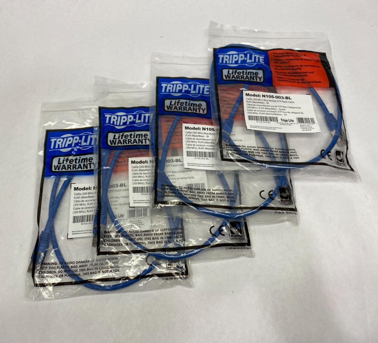 N105-003-BL | Tripp Lite Cat5e Molded Ethernet Patch Cable LOT OF 4 - New - Maverick Industrial Sales