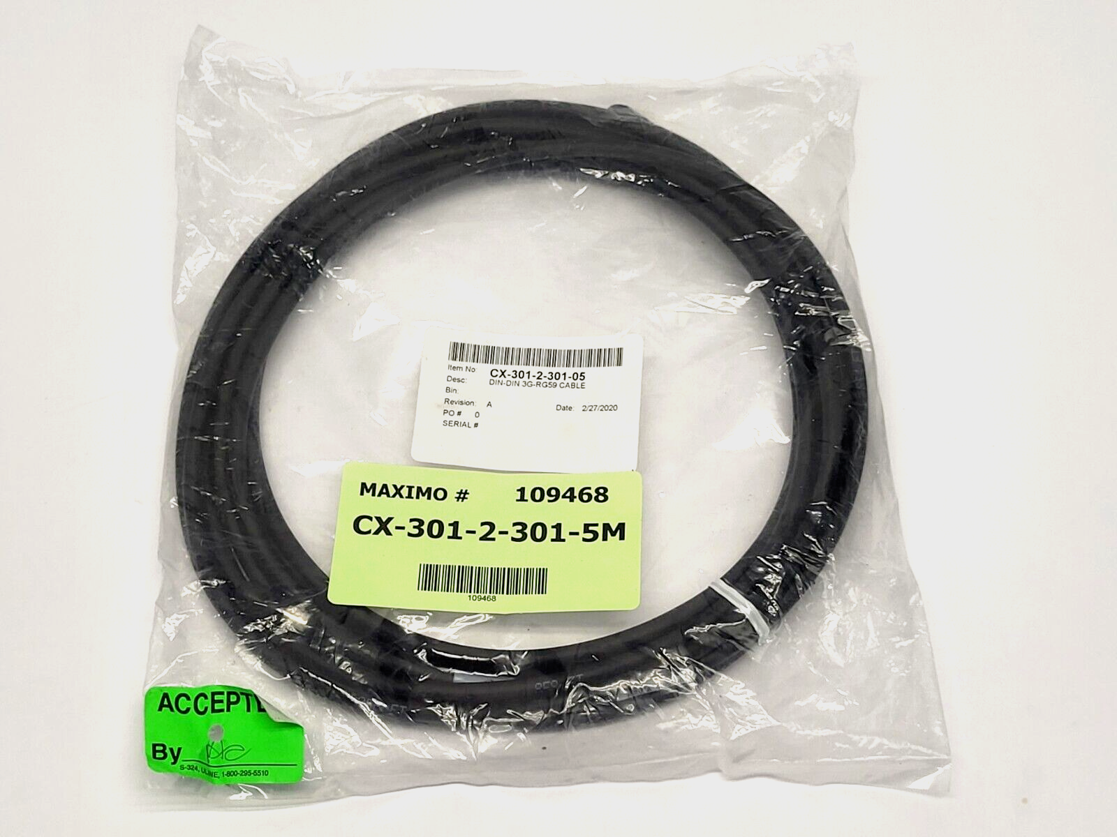 CXP-6 CX-301-2-301-05 Rev. A DIN to DIN 3G-RG59 Coax Cable - New - Maverick Industrial Sales