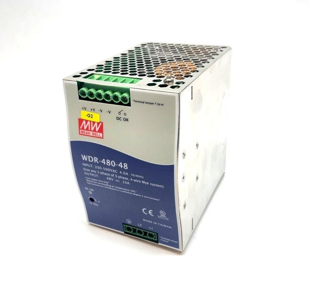 WDR-480-48 | Mean Well Industrial Power Supply, 48V DC, 10A, DIN Rail Mount - Used - Maverick Industrial Sales