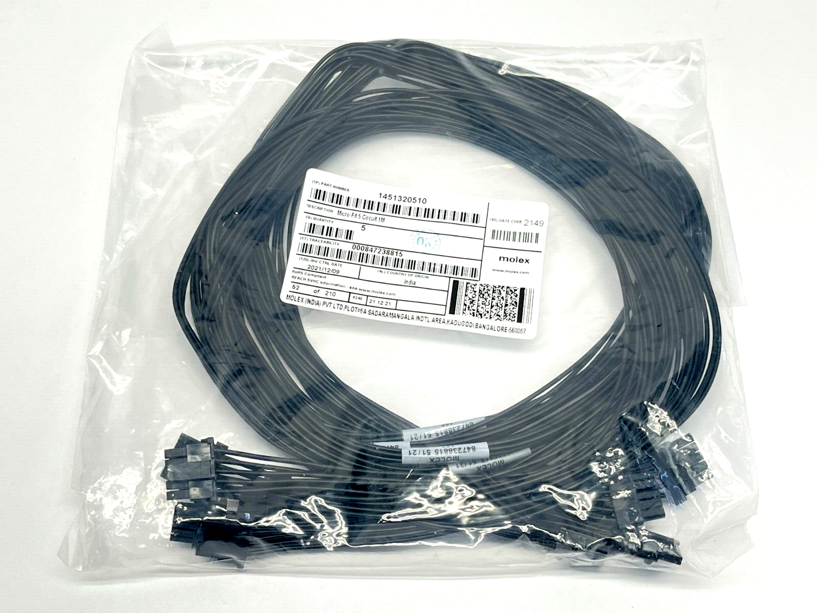 Molex 1451320510 5 Position Cable Rectangular Socket - Socket 3.28' 5QTY - New - Maverick Industrial Sales