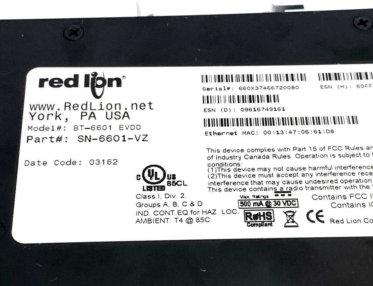SN-6601-VZ, BT-6601 EVDO | Red Lion SN-6601-VZ Sixnet IndustrialPro Cellular Verizon Router BT-6601 EVDO - New – Open box - Maverick Industrial Sales