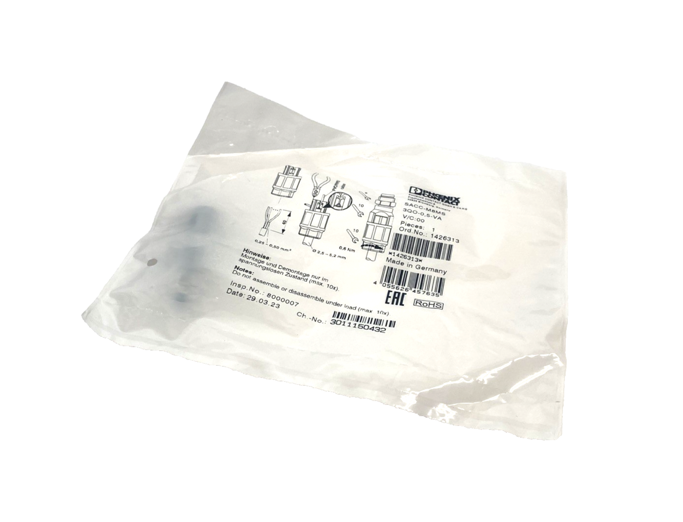 1426313,SACC-M 8MS-3QO-0,5-VA | Phoenix Contact SACC-M 8MS-3QO-0,5-VA Connector 3-Pin Male M8 1426313 - New - Maverick Industrial Sales