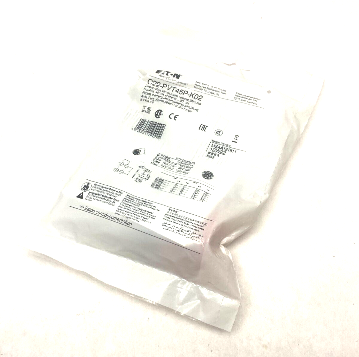 C22-PVT45P-K02 | Eaton Emergency Stop Pushbutton 45mm Rotate Release Red - New - Maverick Industrial Sales