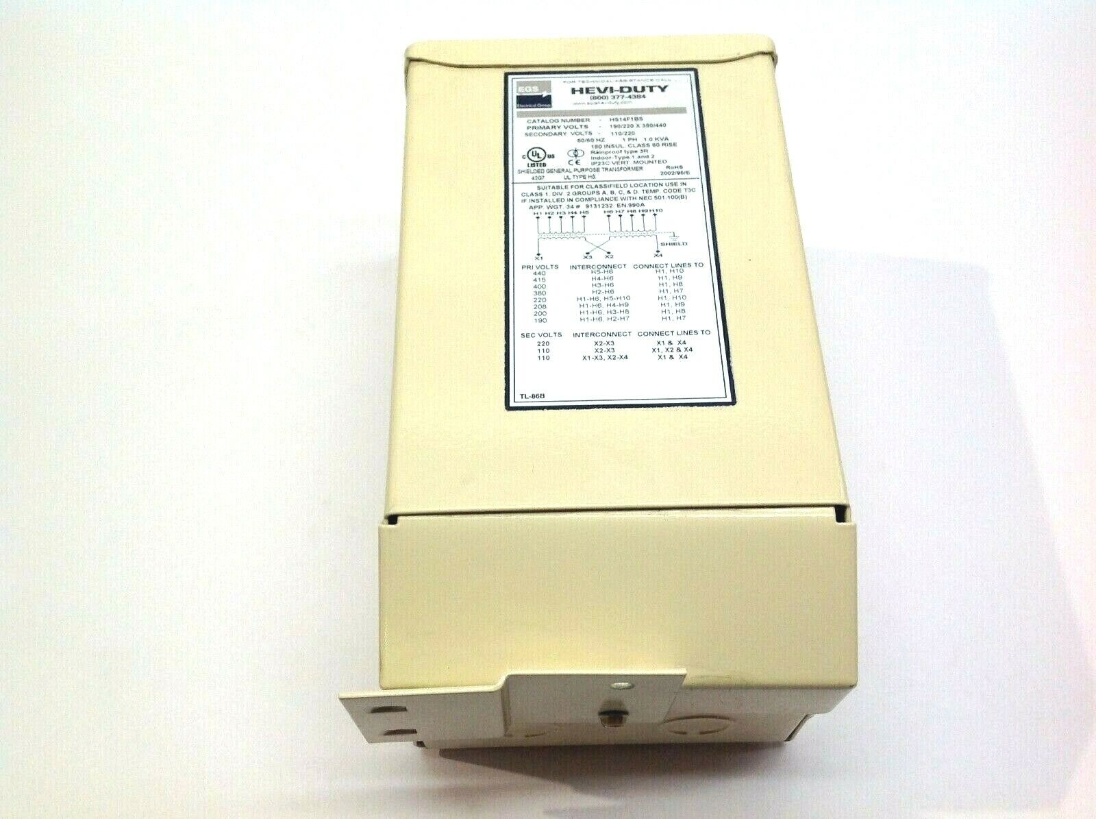 EGS Hevi-Duty HS14F1BS Single Phase Transformer 190/220 X 380/440 - Maverick Industrial Sales