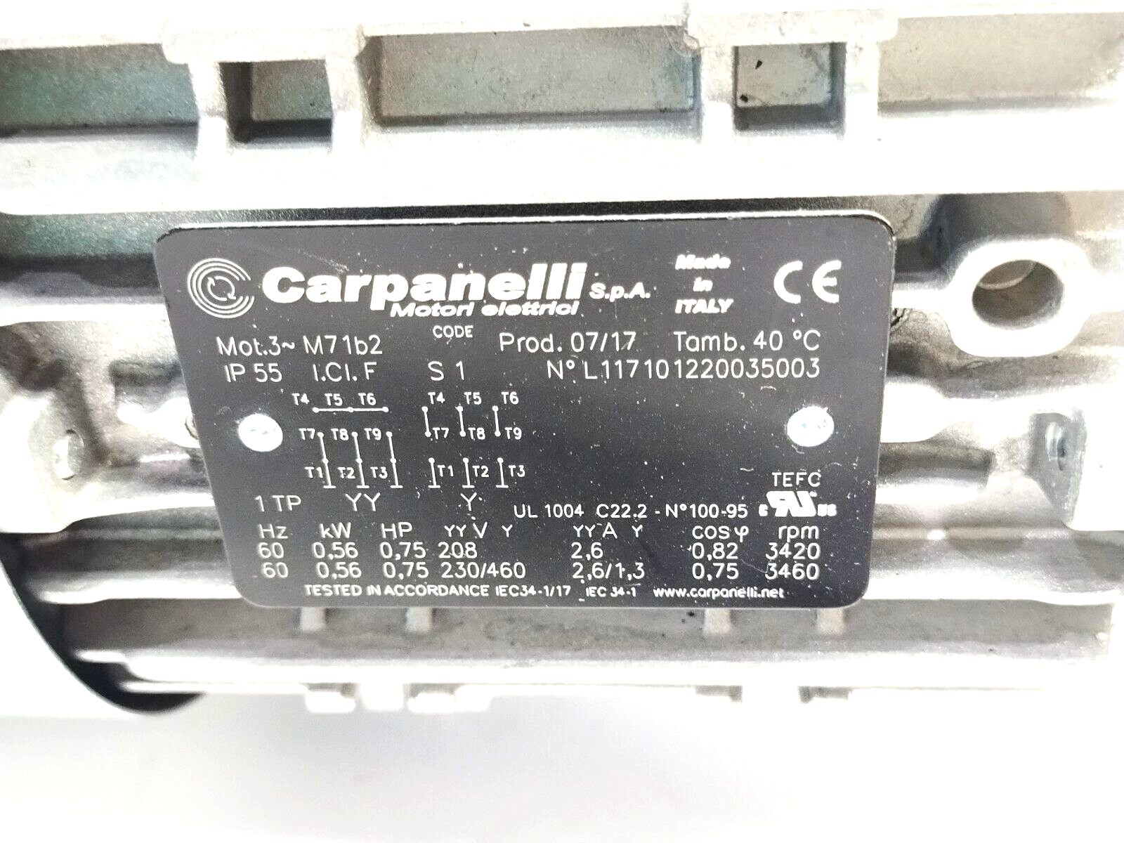 Carpanelli M71b2 S1 Asynchronous 3PH Motor .56kW .75HP Tramec XC 50 40:1 Gearbox - Maverick Industrial Sales