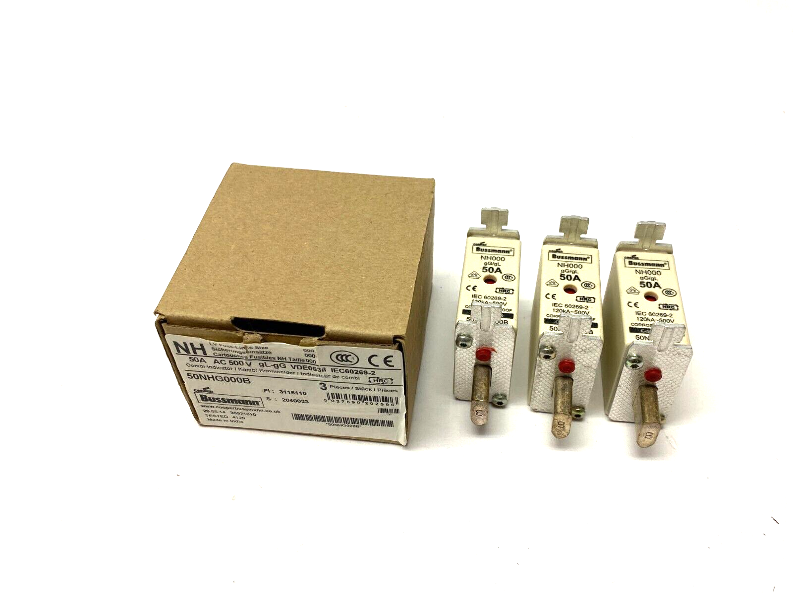 Cooper Bussmann 50NHG000B Combi-Indicator LV Fuse Links 50A 500VAC BOX OF 3 - Maverick Industrial Sales