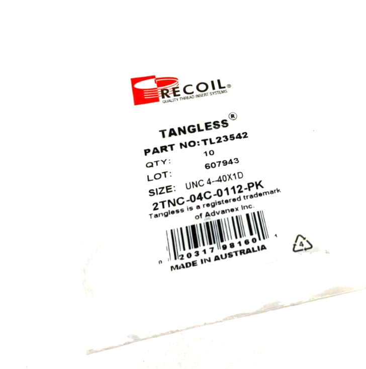 TL23542 | Recoil Tangless Free Running Insert Size: UNC 4-40X1D 2TNC-04C-0112-PK - New - Maverick Industrial Sales
