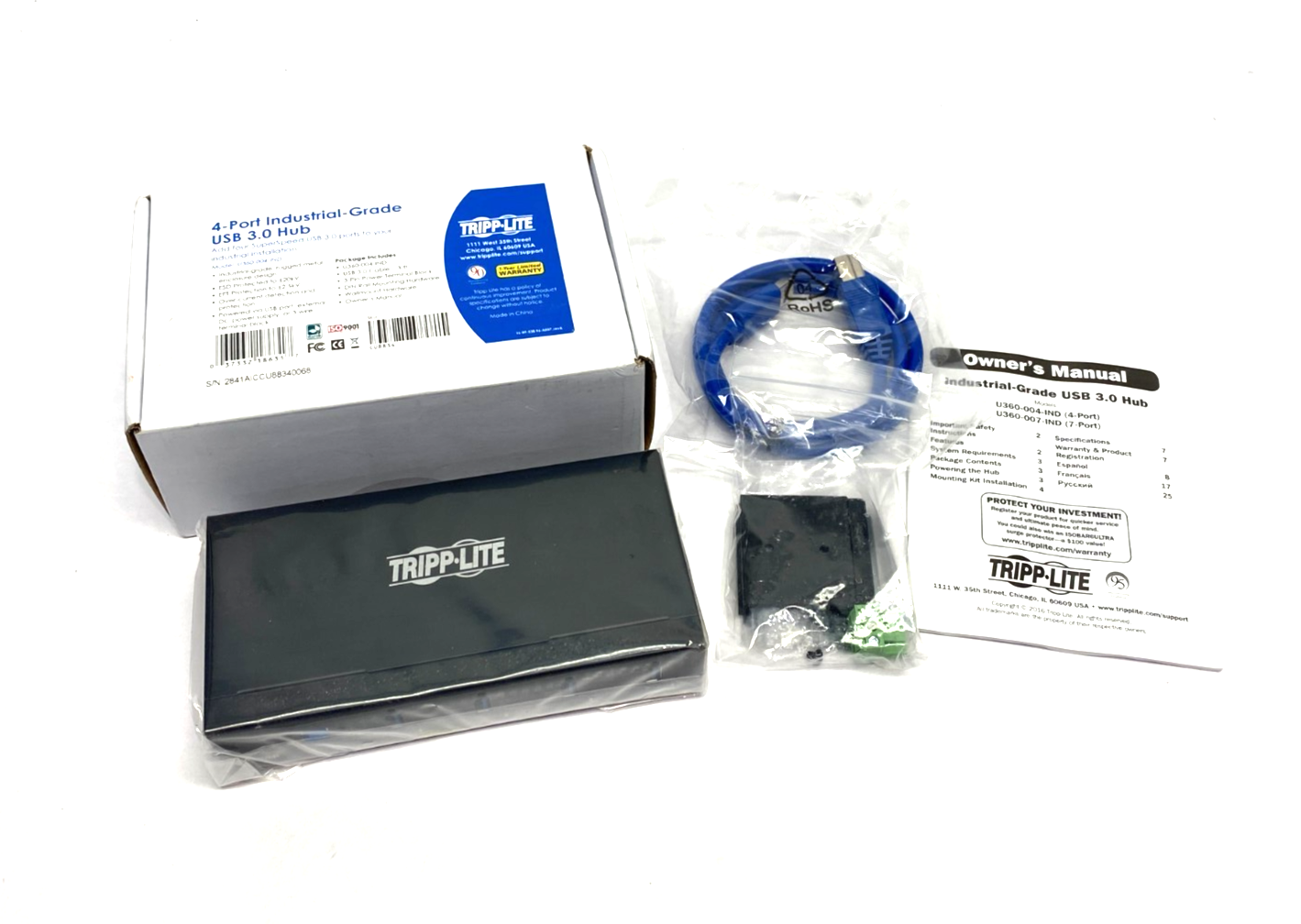 Tripp Lite U360-004-IND 4-Port Industrial USB-A 3.0 SuperSpeed Hub with 15KV ESD - Maverick Industrial Sales