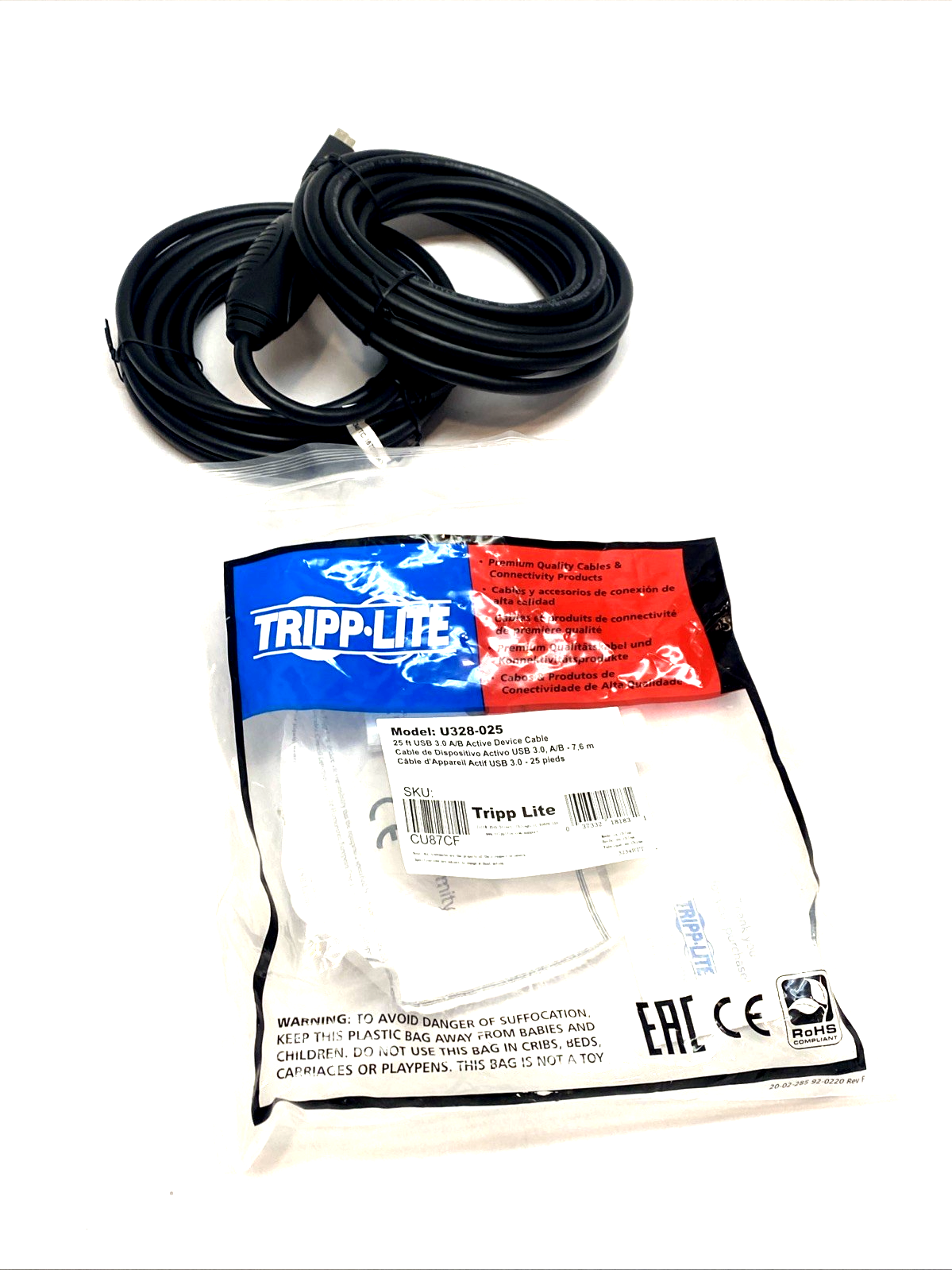U328-025 | Tripp Lite USB 3.0 SuperSpeed Active Repeater 25ft Cable A/B - New – Open box - Maverick Industrial Sales