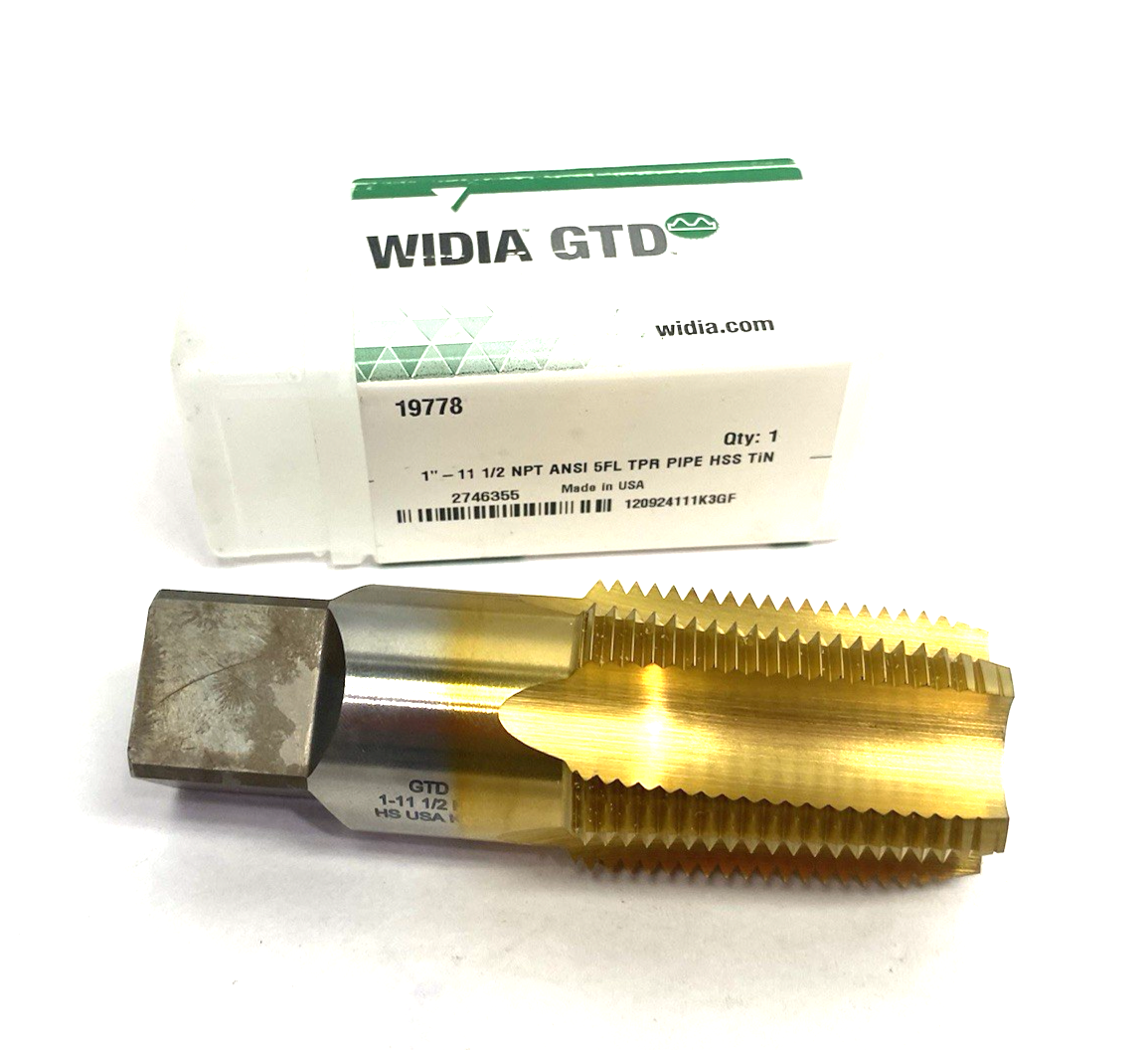 2746355 | Widia Taper Pipe Tap 5-Flute NPT/NPTF 1" - 11-1/2 TiN Coat 19778 - New – Open box - Maverick Industrial Sales