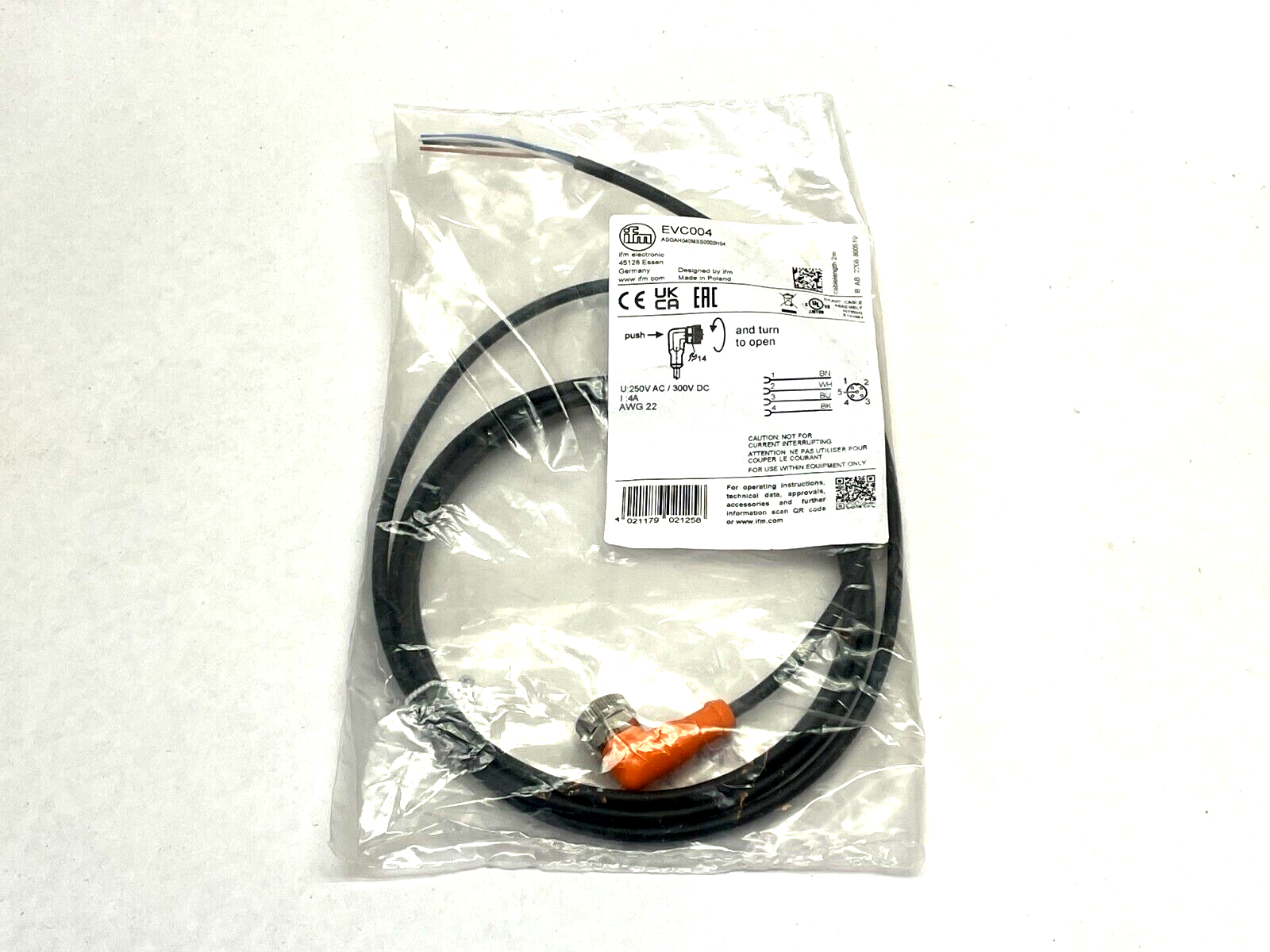 IFM EVC004 Single-Ended Right Angle Cordset 2m Length ADOAH040MSS0002H04 - New – Open box - Maverick Industrial Sales