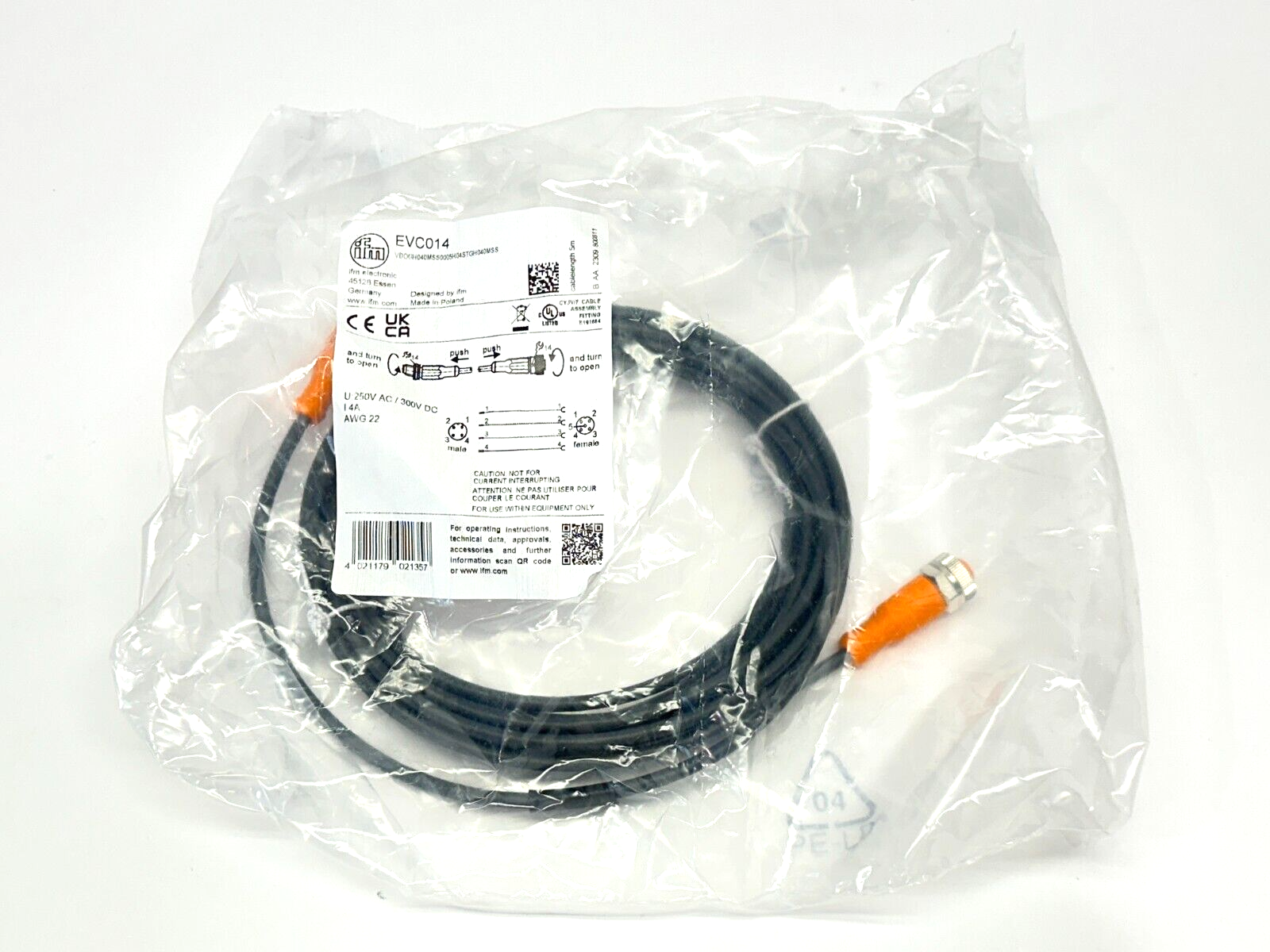 ifm EVC014 Connection Cable M/F M12 5m VDOGH040MSS0005H04STGH040MSS - New - Maverick Industrial Sales