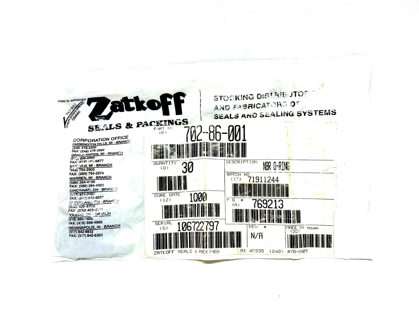 Zatkoff Seals & Packaging 702-86-001 NBR O-Ring LOT OF 30 Cure Date 1Q00 - Maverick Industrial Sales