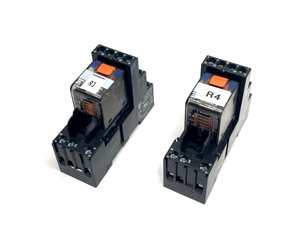 | Schrack PT570024 Miniature Power Relay 6A 24VDC 4PDT & PT78742 Base LOT OF 2 - Used - Maverick Industrial Sales