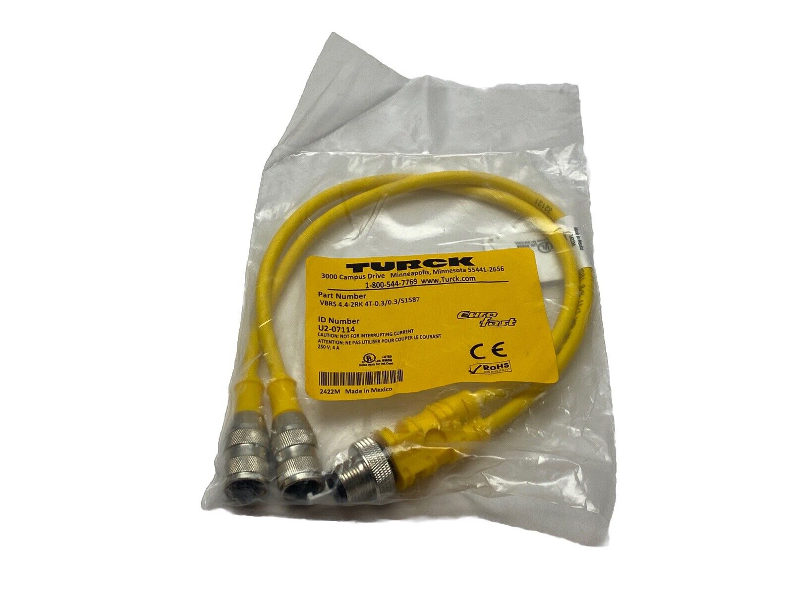 Turck VBRS 4.4-2RK 4T-0.3/0.3/S1587 Splitter M M12 - 2x F M12 4-Pin U2-07114 - Maverick Industrial Sales
