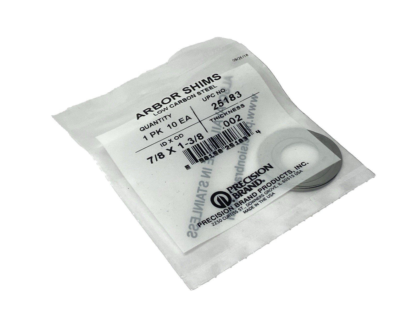 Precision Brand 25183 Arbor Shims 7/8" ID x 1-3/8" OD .002 Thickness LOT OF 10 - Maverick Industrial Sales