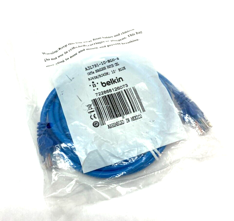Belkin A3L791-10-BLU-S Snagless Cat5 Patch Cable RJ45 to RJ45 10' Length Blue - Maverick Industrial Sales