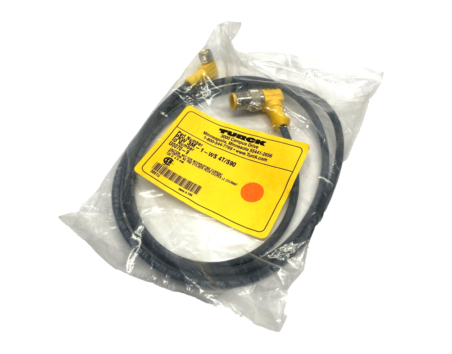 PKW 3M-1-WS 4T/S90, U0070-9 | Turck PKW 3M-1-WS 4T/S90 Cable M8 Female 3-Pin M8 - Angle Male M12 4-Pin U0070-9 - New - Maverick Industrial Sales
