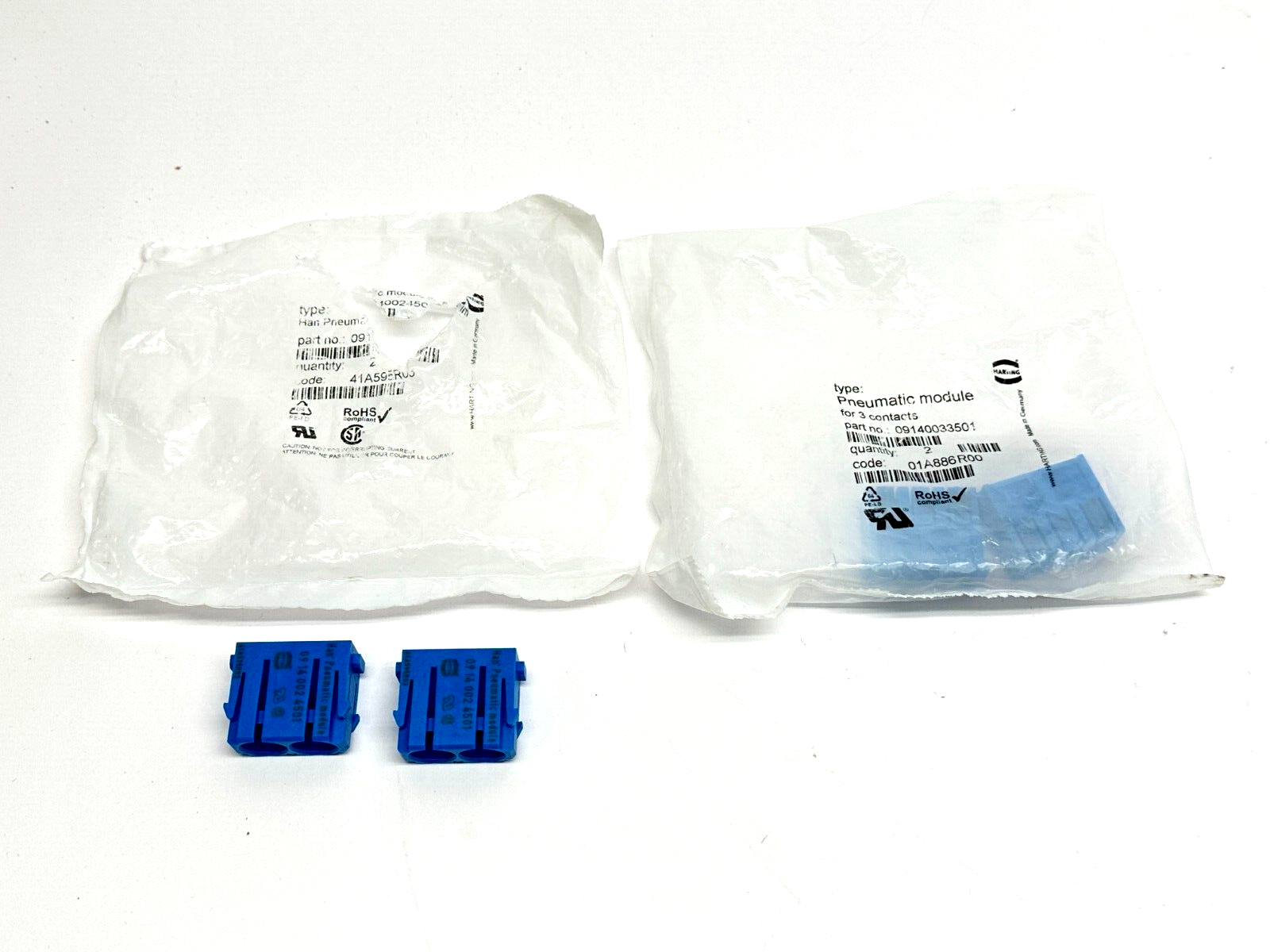 Harting 09 14 003 3501 Pneumatic module for 3 contacts LOT OF 2 - New – Open box - Maverick Industrial Sales