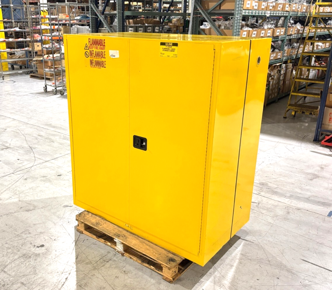Uline H-3686M Flammable Liquid Storage Cabinet, Yellow, 59"W x 34"D x 65"H - Used - Maverick Industrial Sales
