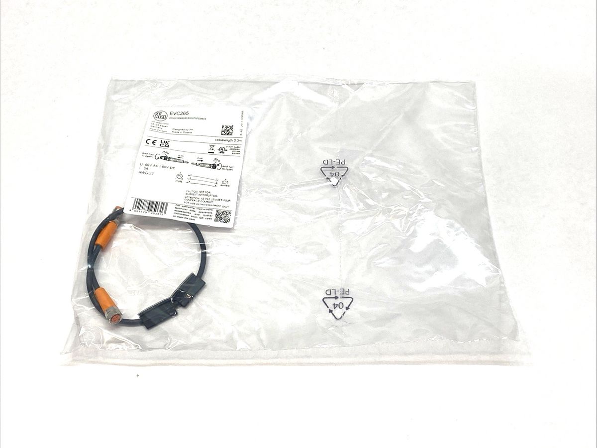 EVC265,VDOGF030MSS00,3H03STGF030MSS | IFM EVC265 Connection Cable 0.3m 50VAC 60VDC 3A VDOGF030MSS00, 3H03STGF030MSS - New - Maverick Industrial Sales