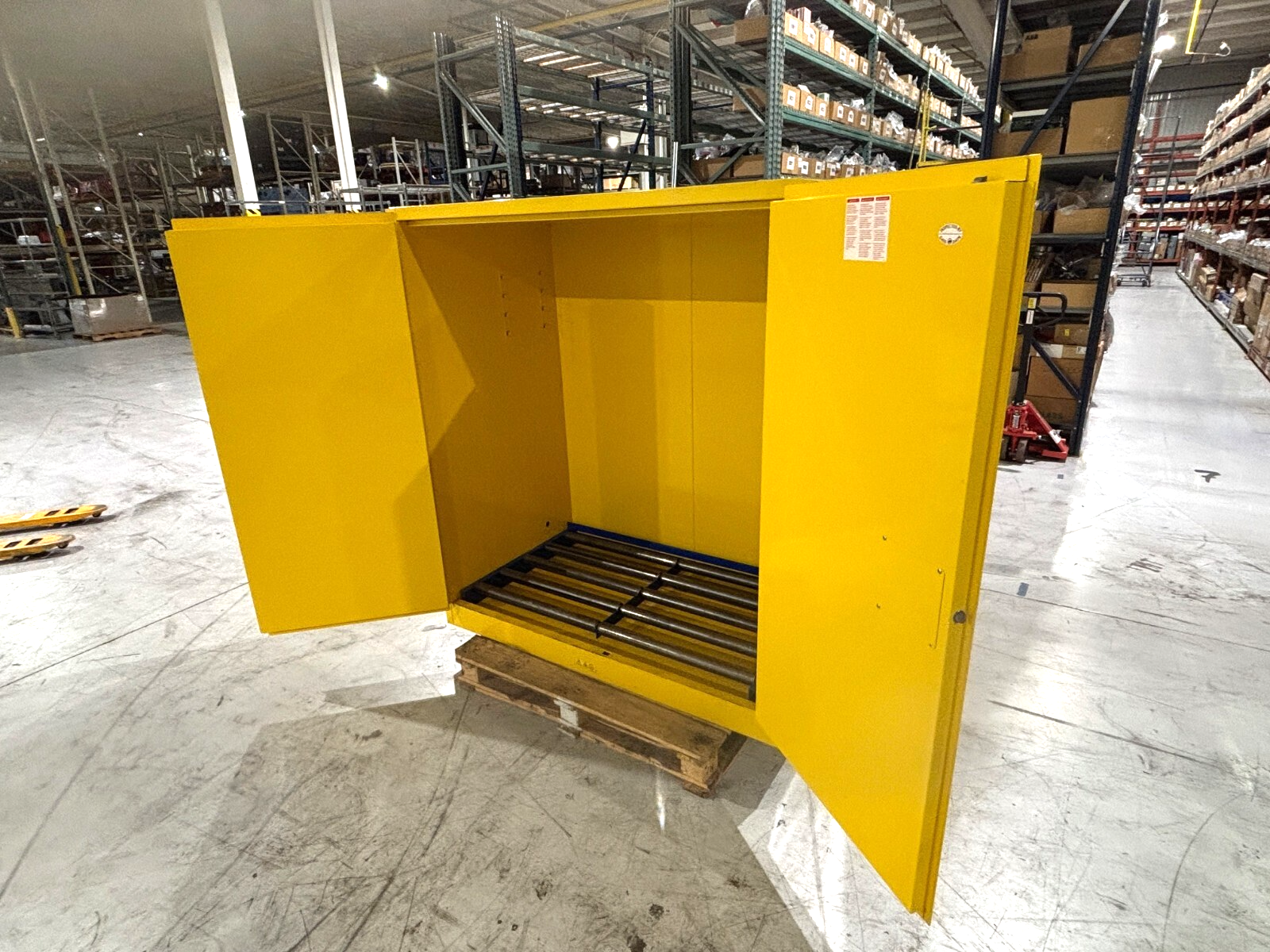 Uline H-3686M Flammable Liquid Storage Cabinet, Yellow, 59"W x 34"D x 65"H - Used - Maverick Industrial Sales