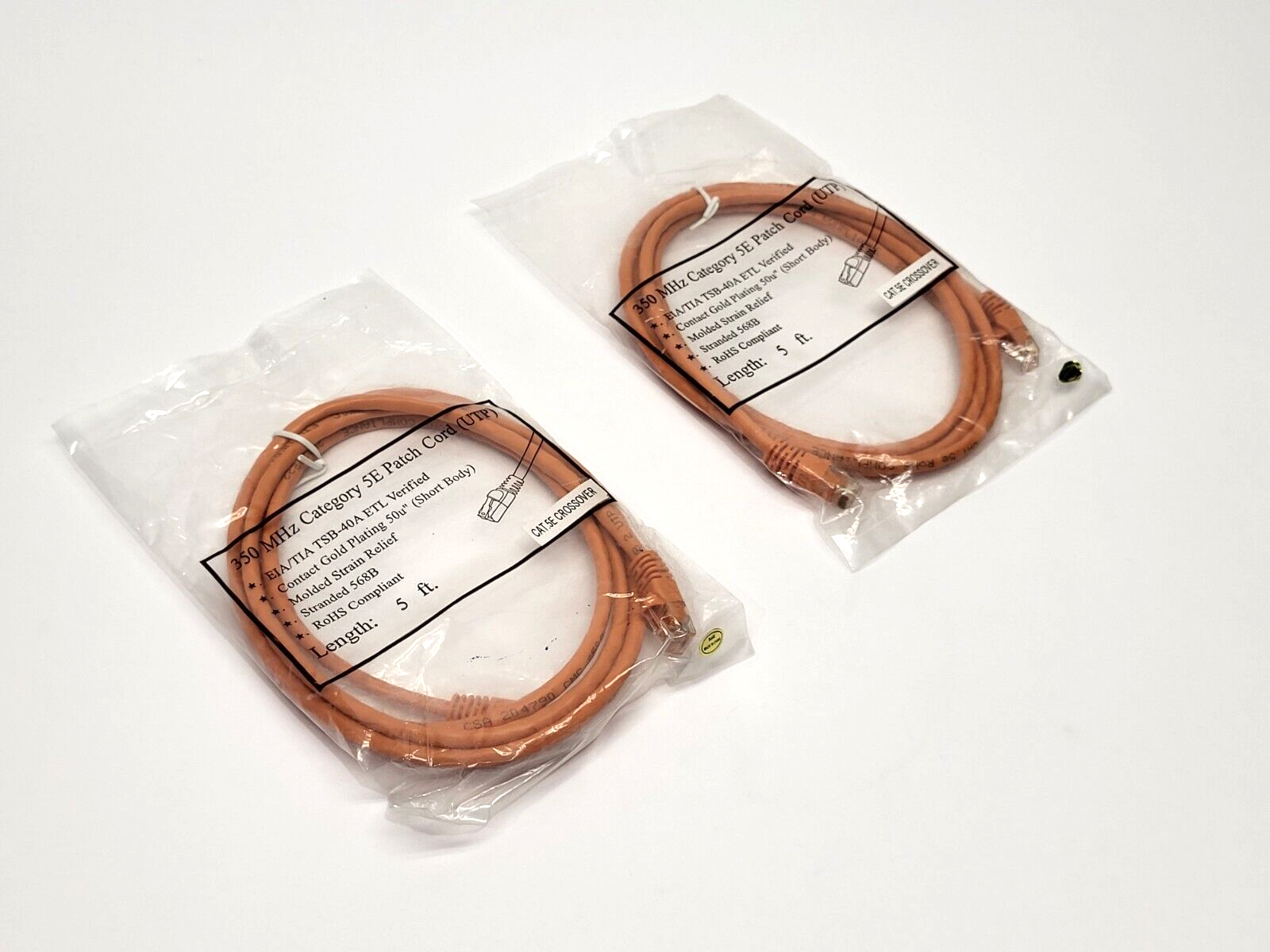 Molded 568B Ethernet Cable 350MHz Category 5E 5' LOT OF 2 - New - Maverick Industrial Sales