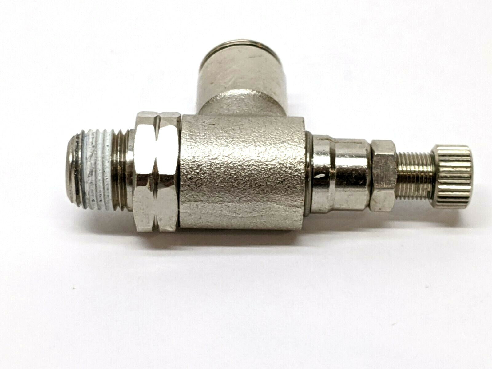 Metal Flow Control Valve Right Angle 1/4” Tube Push-To-Connect 7/16-20 Male - New – Open box - Maverick Industrial Sales