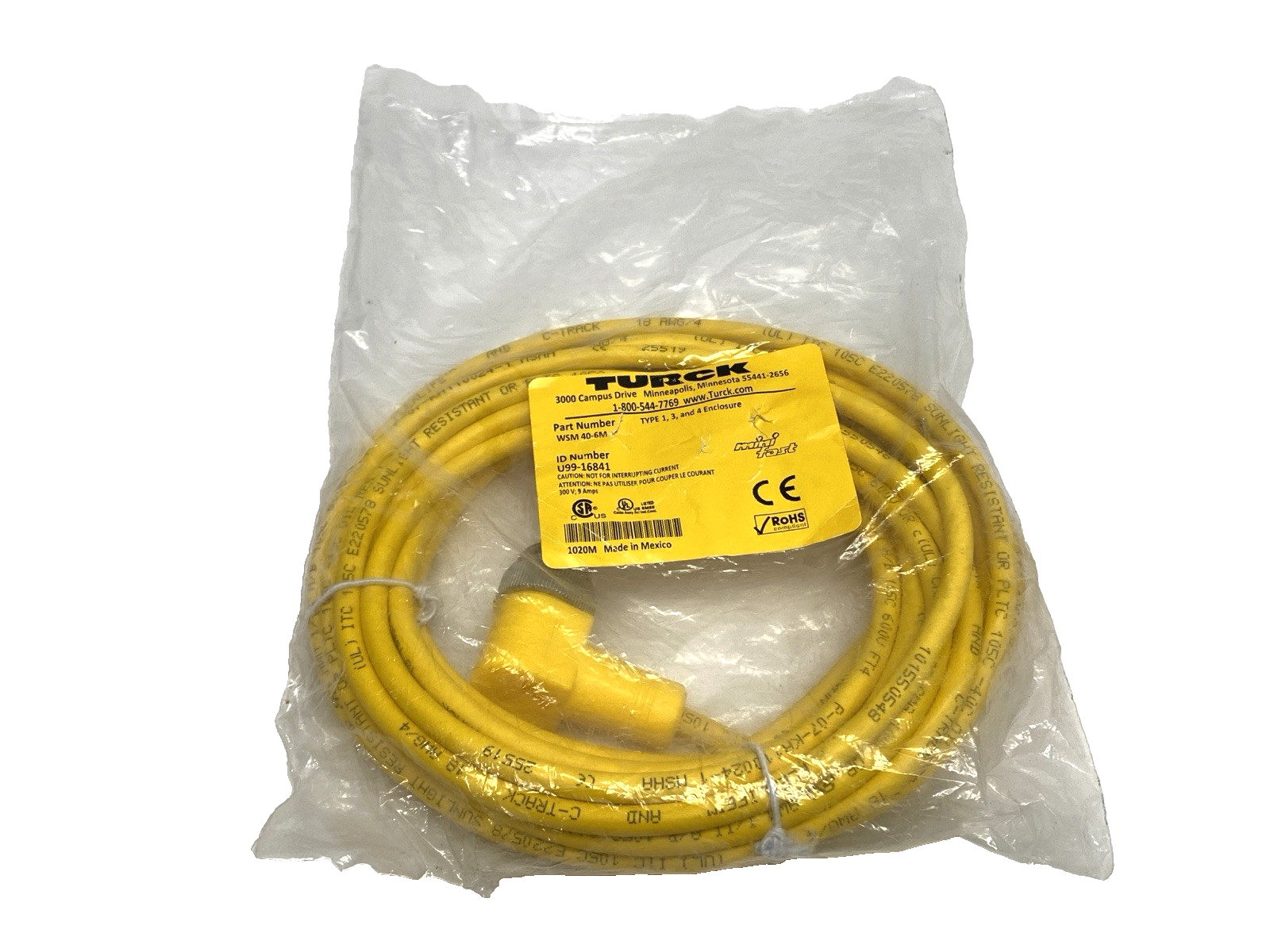 Turck WSM 40-6M Single-Ended MiniFast Male 4-Pin Cordset U99-16841 - New – Open box - Maverick Industrial Sales