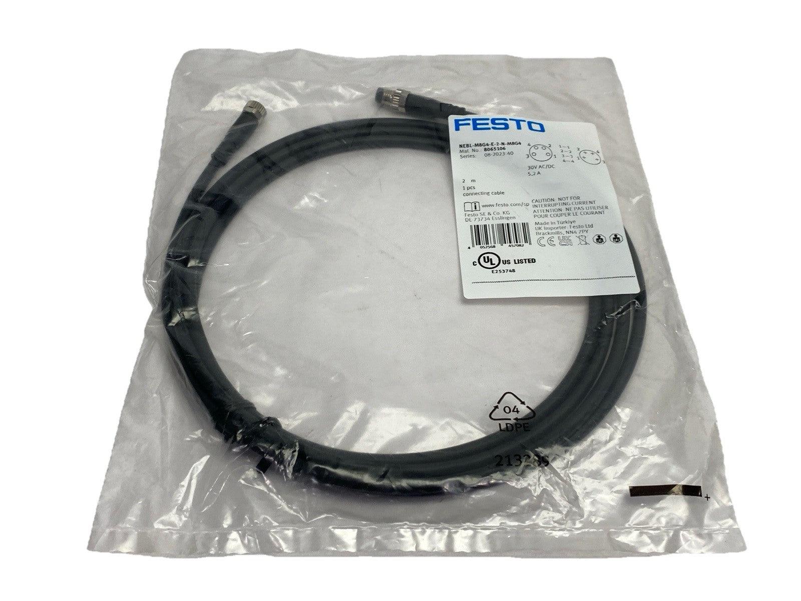 Festo NEBL-M8G4-E-2-N-M8G4 Connecting Cable M/F M8 4-Pin 2m 8065106 - Maverick Industrial Sales