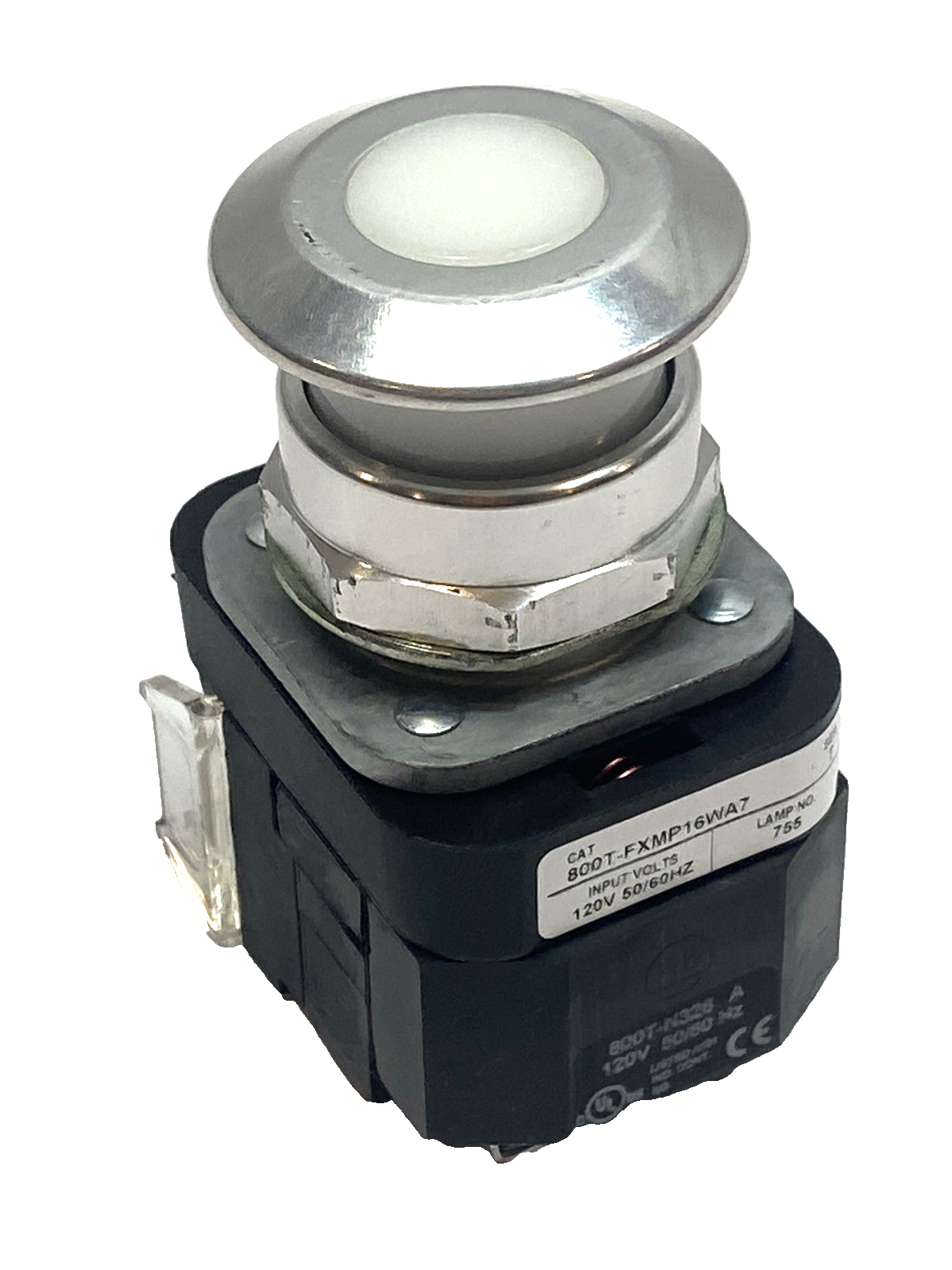800T-FXMP16WA7 | Allen Bradley Illuminated White Mushroom Push-Pull 30mm 120VAC- Used - Maverick Industrial Sales