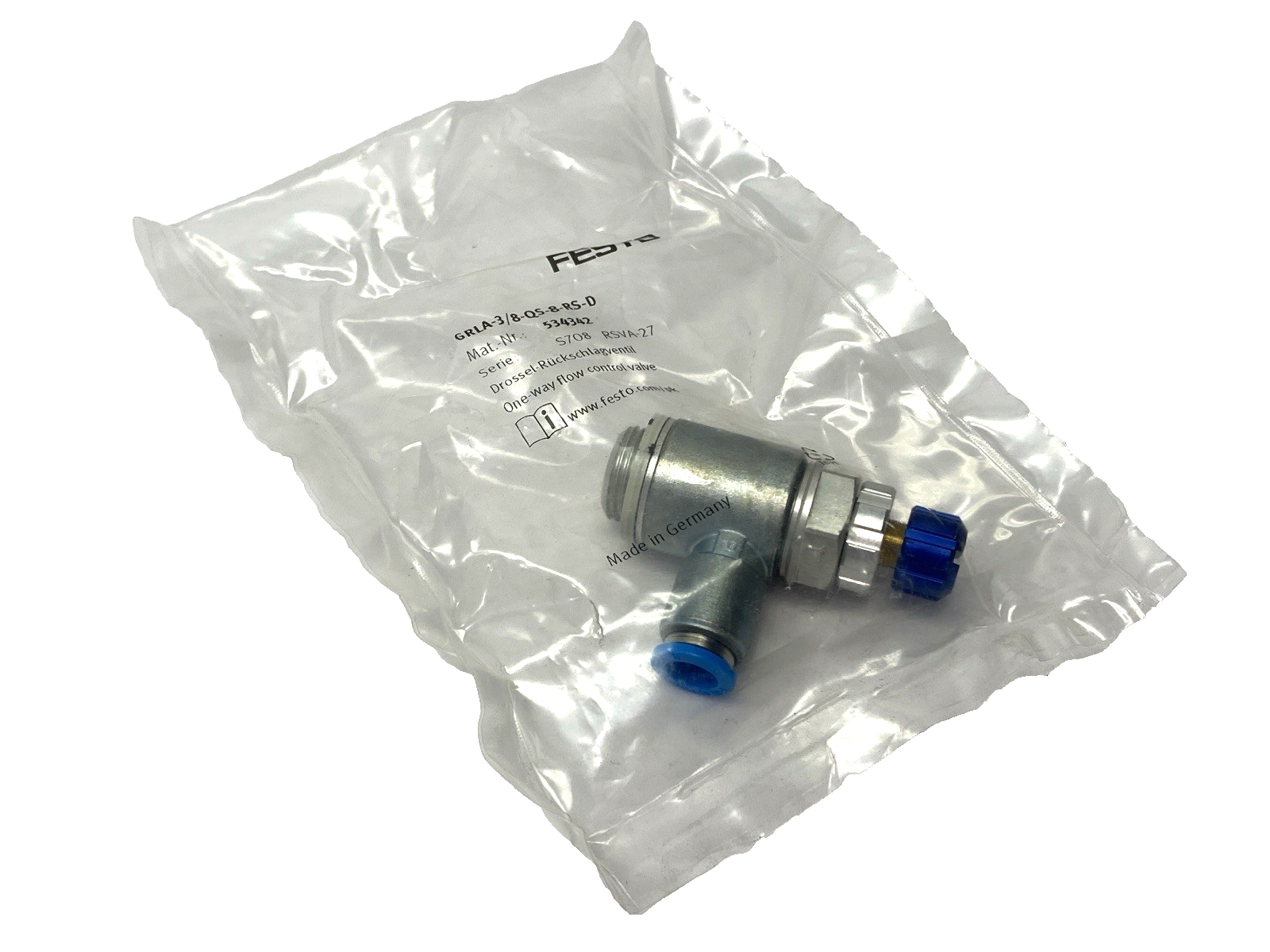 Festo GRLA-3/8-QS-8-RS-D One-Way Flow Control Valve 534342 - New - Maverick Industrial Sales