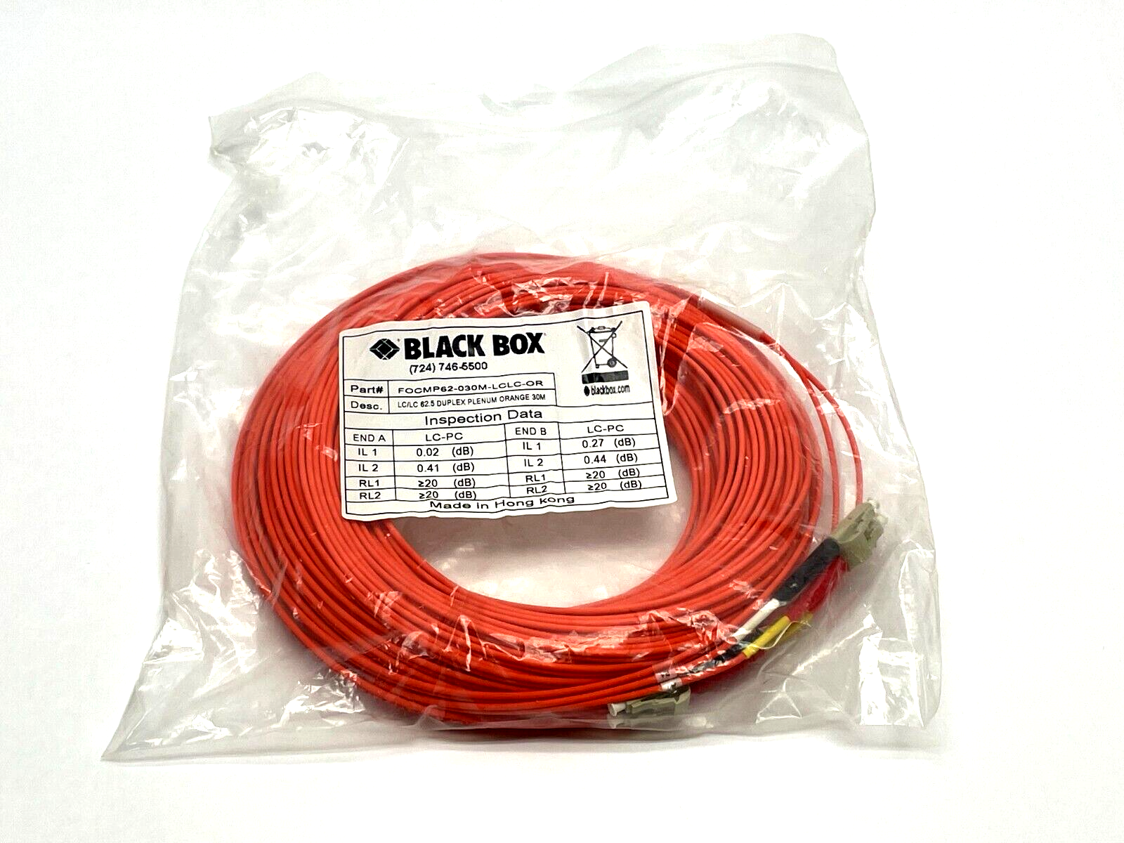 Black Box FOCMP62-030M-LCLC-OR Fiber Optic Cable 30m Length - New - Maverick Industrial Sales