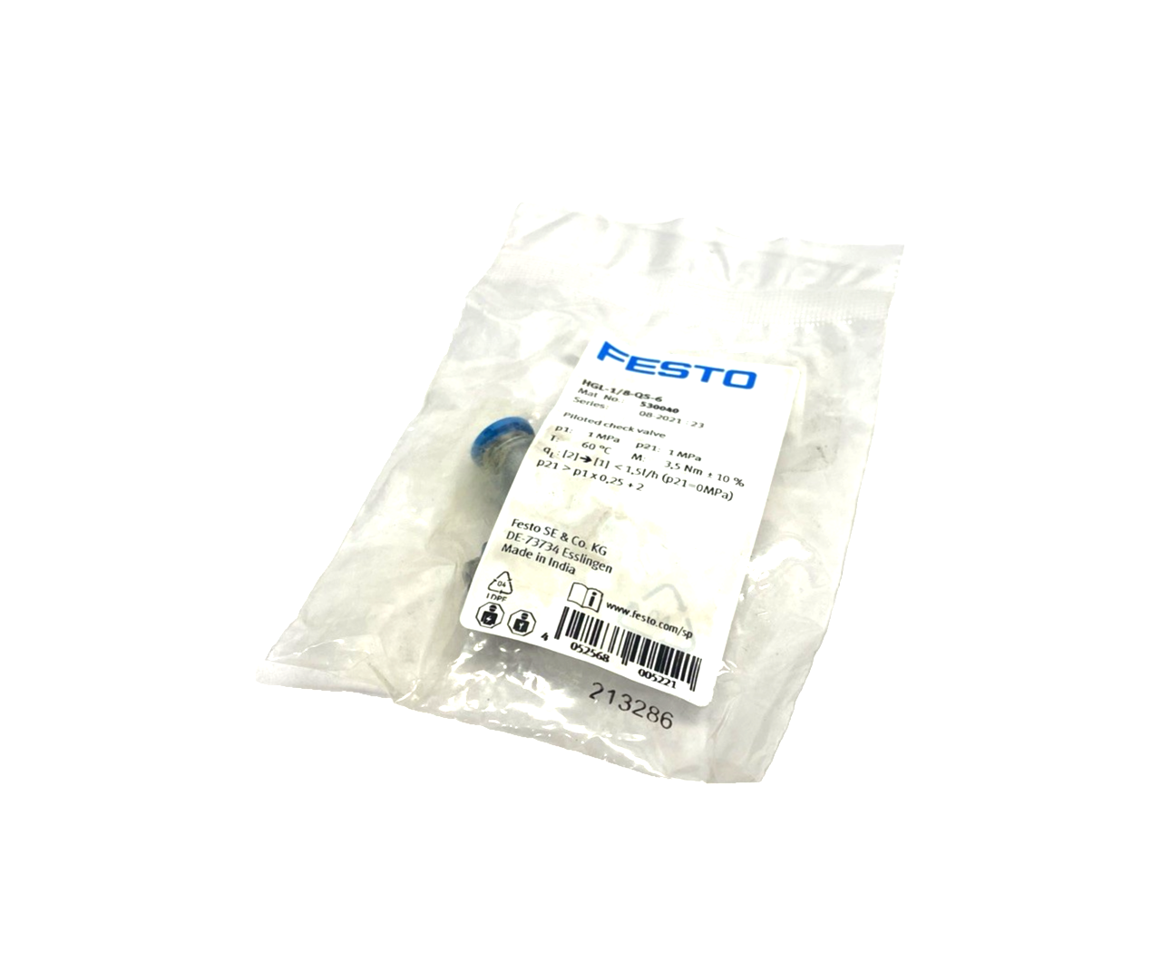 Festo HGL-1/8-QS-6 Piloted Non-Return Valve G1/8 0.5 Bar - 10 Bar 530040 - Maverick Industrial Sales