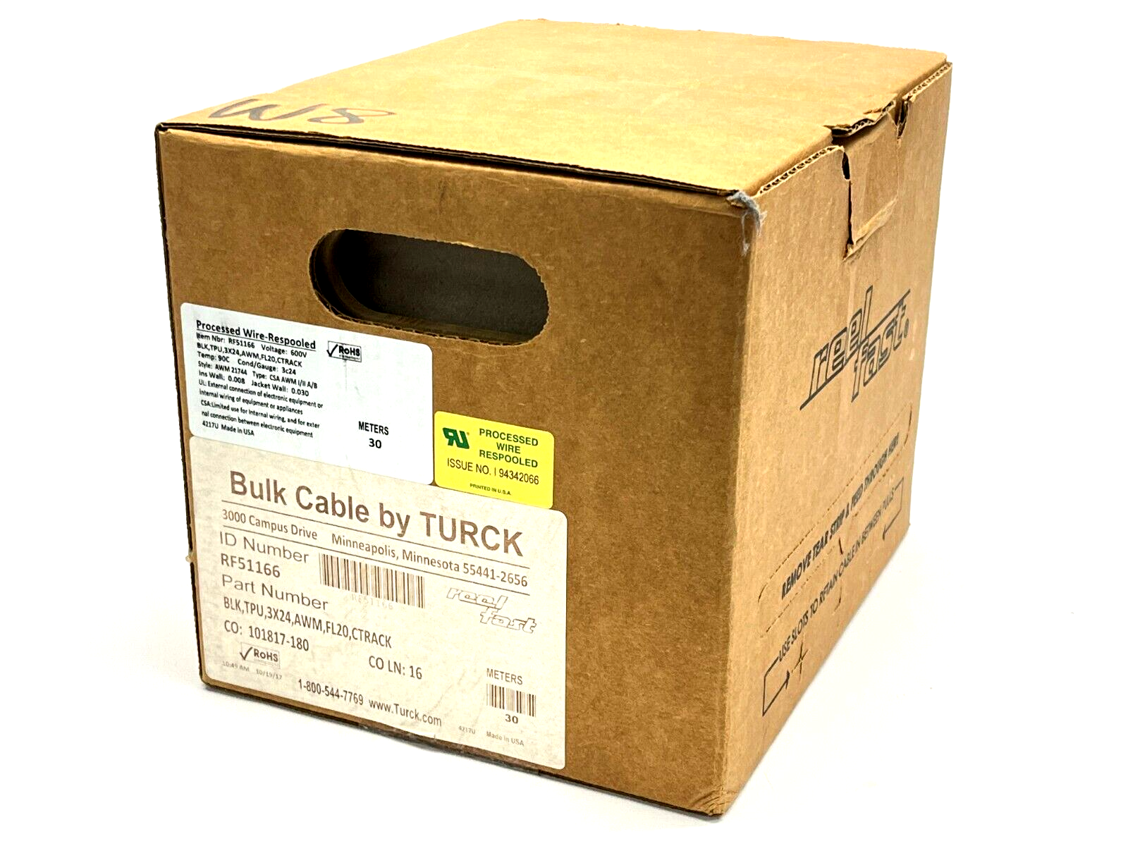 BLK,TPU,3X24,AWM,FL20,CTRACK | Turck Reelfast Cable 3X24AWG 30 Meter Spool RF51166 - New - Maverick Industrial Sales