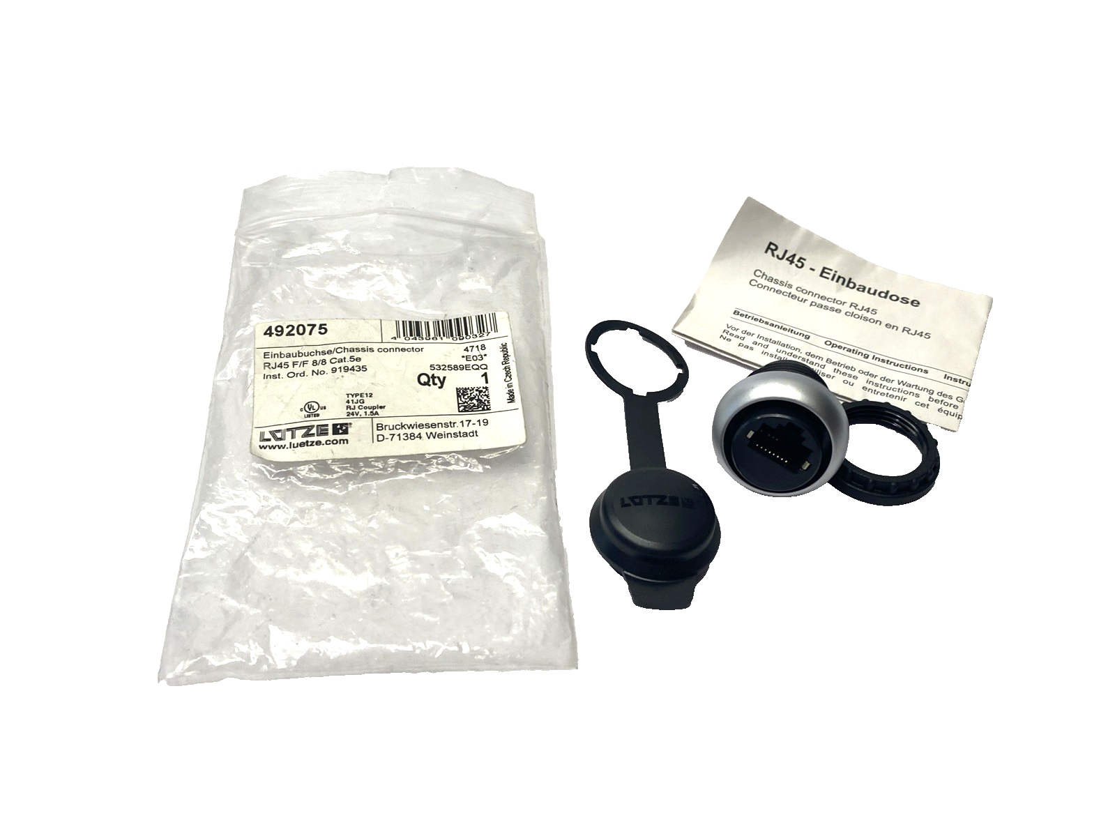 Lutze 492075 RJ45 Panel Mount Connector, M22 Thread, RJ45 F/F 8/8 Cat.5e - Maverick Industrial Sales