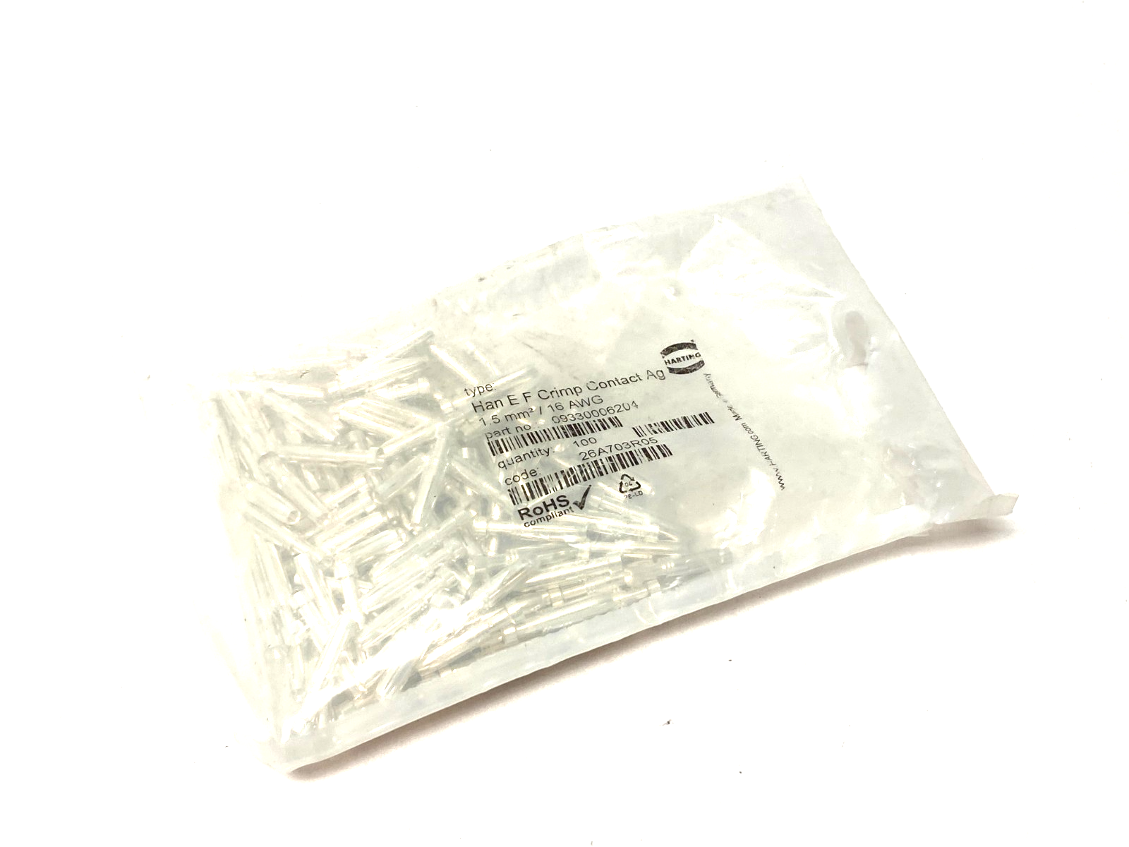 Harting 09330006204 Female Han E F Crimp Contact Ag 1.5 mm²/ 16 AWG PKG OF 100 - Maverick Industrial Sales