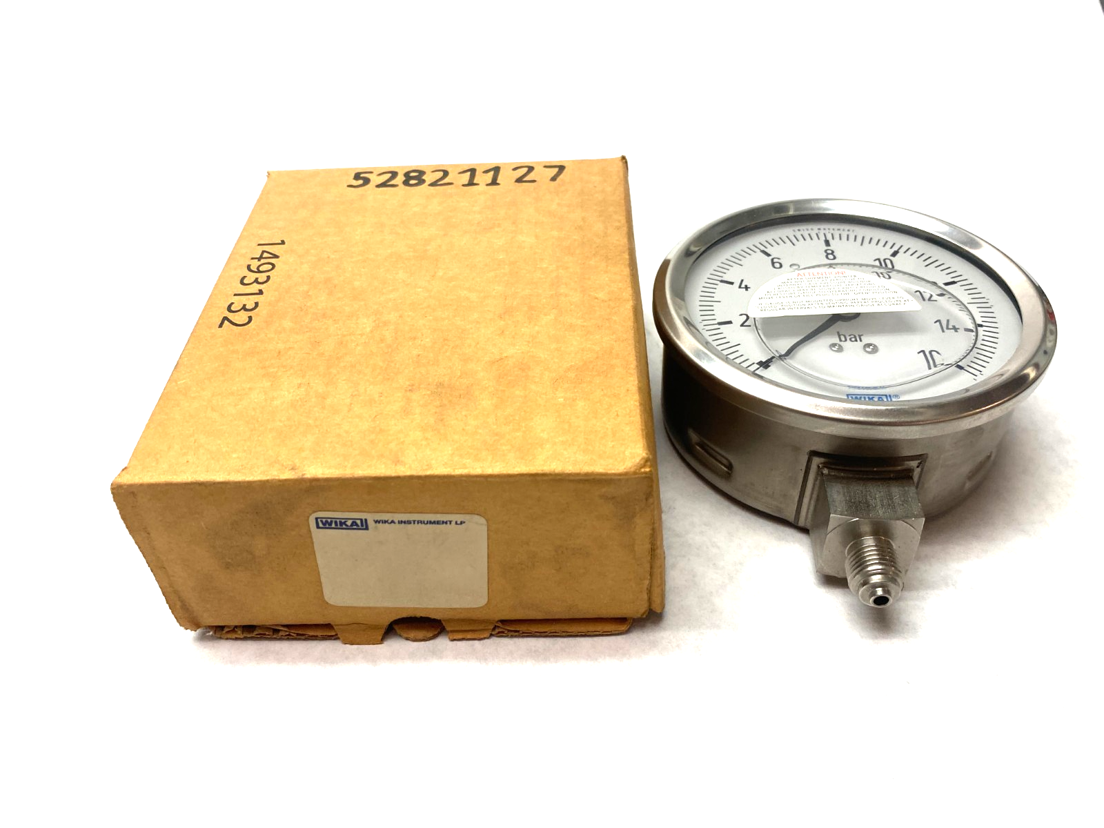 Wika 52821127 Pressure Gauge: 4" Dial, 0 to 16 psi, 1/4" Thread, BSPP, Btm Mount - Maverick Industrial Sales