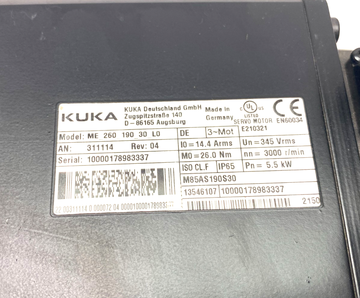 Kuka 311114 Servo Motor 5,5kW L0 ME, ME_260_190_30_L0 DAMAGED CONNECTOR - New – Open box - Maverick Industrial Sales