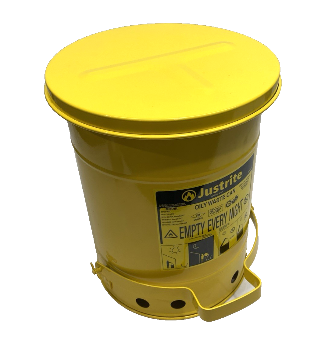 Justrite 09101 Steel Oily Waste Can, Self-Closing Cover, Yellow, 6 Gallon - Maverick Industrial Sales