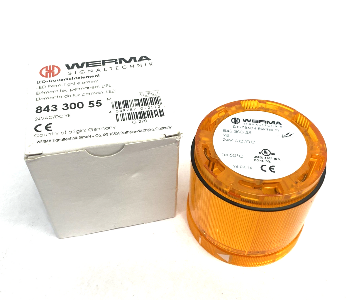 Werma 843 300 55 Permanent LED Light Beacon Element 24VAC/DC Yellow 843.300.55 - Maverick Industrial Sales