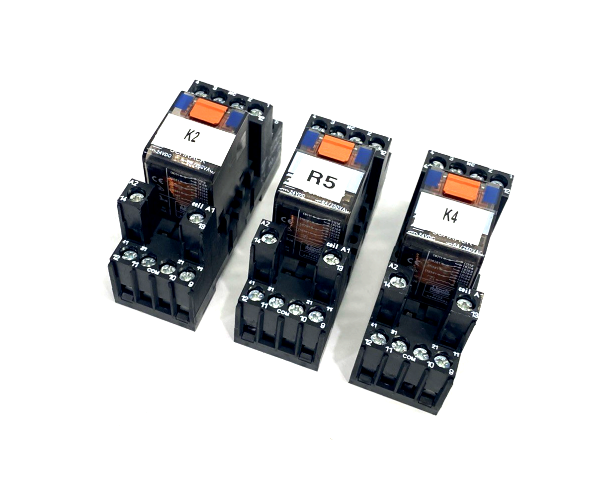 PT570024 | Schrack Miniature Power Relay 6A 24VDC 4PDT & PT78740 Base LOT OF 3 - Used - Maverick Industrial Sales