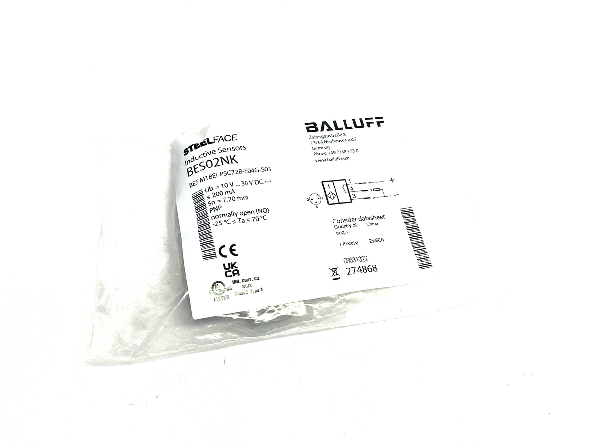 Balluff BES02NK Inductive Sensor High-Pressure Resist. BES M18EI-PSC72B-S04G-S01 - Maverick Industrial Sales