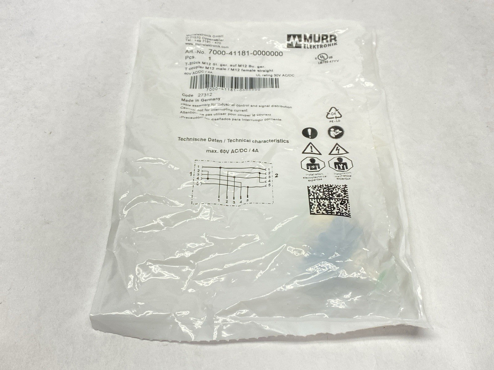 7000-41181-0000000 | Murr Elektronik T-Coupler M12 Male / M12 Female 5-Pin - New - Maverick Industrial Sales