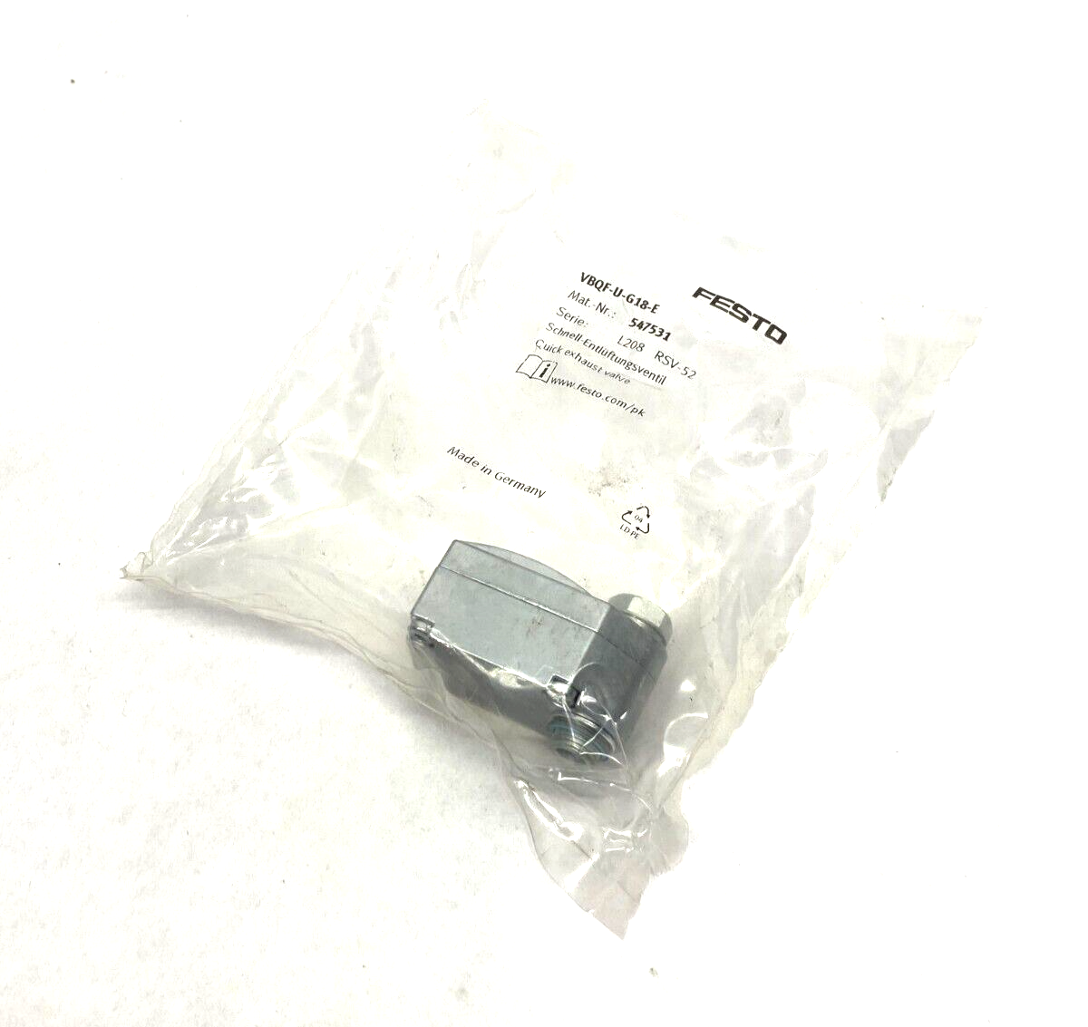 Festo VBQF-U-G18-E Quick-Exhaust Valve L208 RSV-52, 547531 - Maverick Industrial Sales
