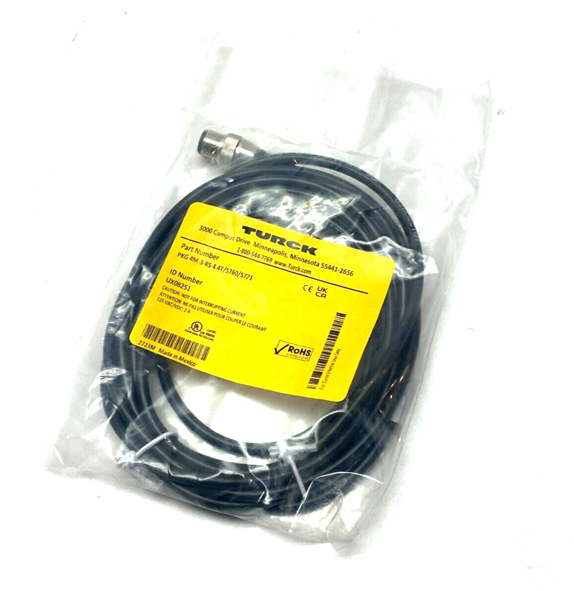 PKG 4M-3-RS 4.4T/S760/S771, UX08251 | Turck PKG 4M-3-RS 4.4T/S760/S771 Double Ended Cable F M8 - M 1/2" 4-Pin UX08251 - New - Maverick Industrial Sales